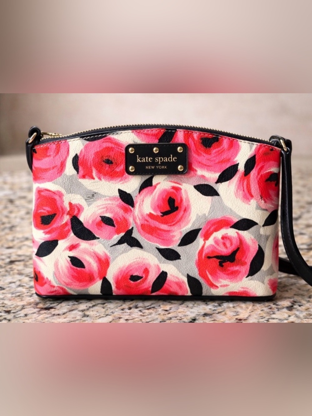 Kate Spade NY Floral Crossbody Bag Pink Rose Print Black Trim Gold Hardware